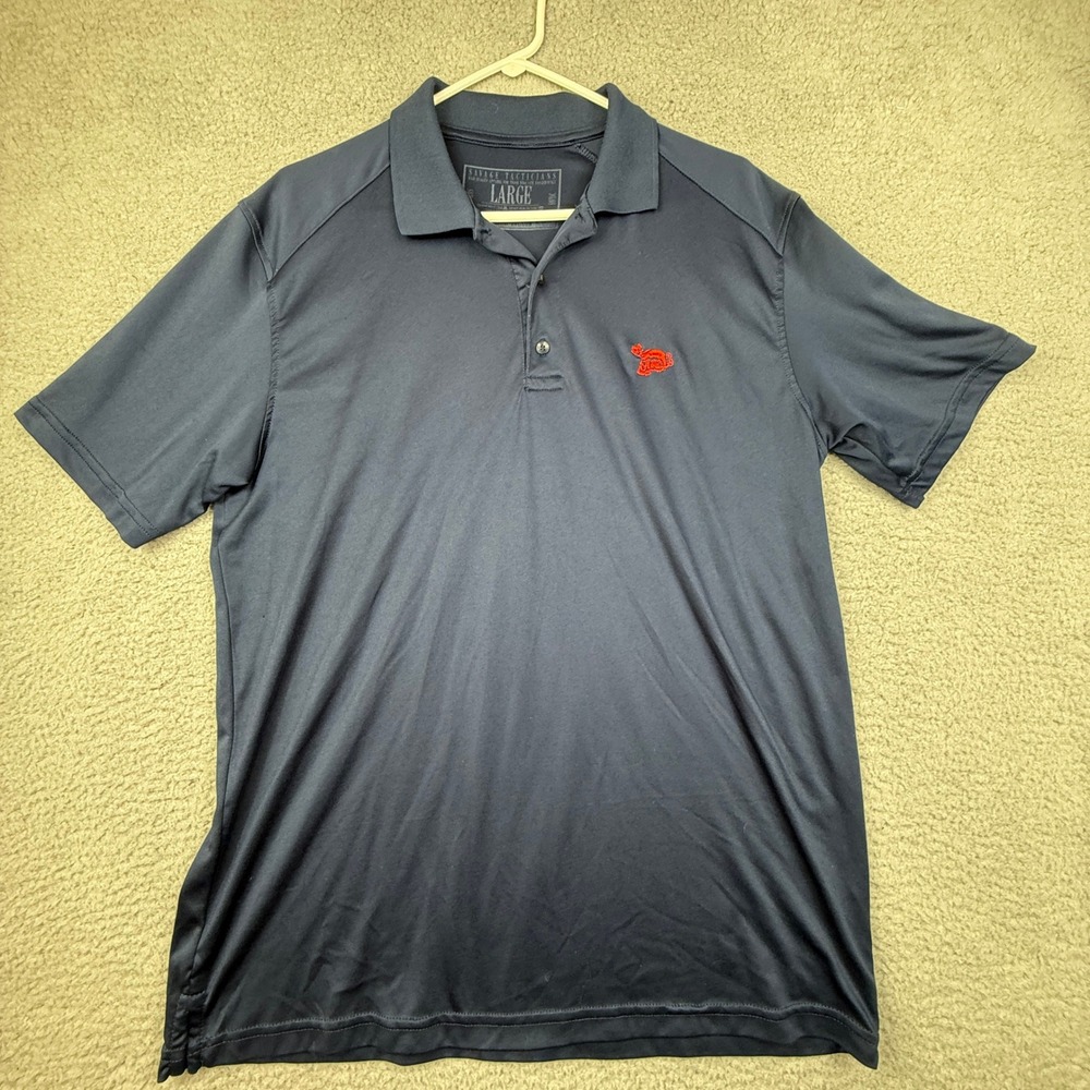 Savage Tacticians Mens Large‎ Navy Blue Polo Shirt Red Logo Golf Casual